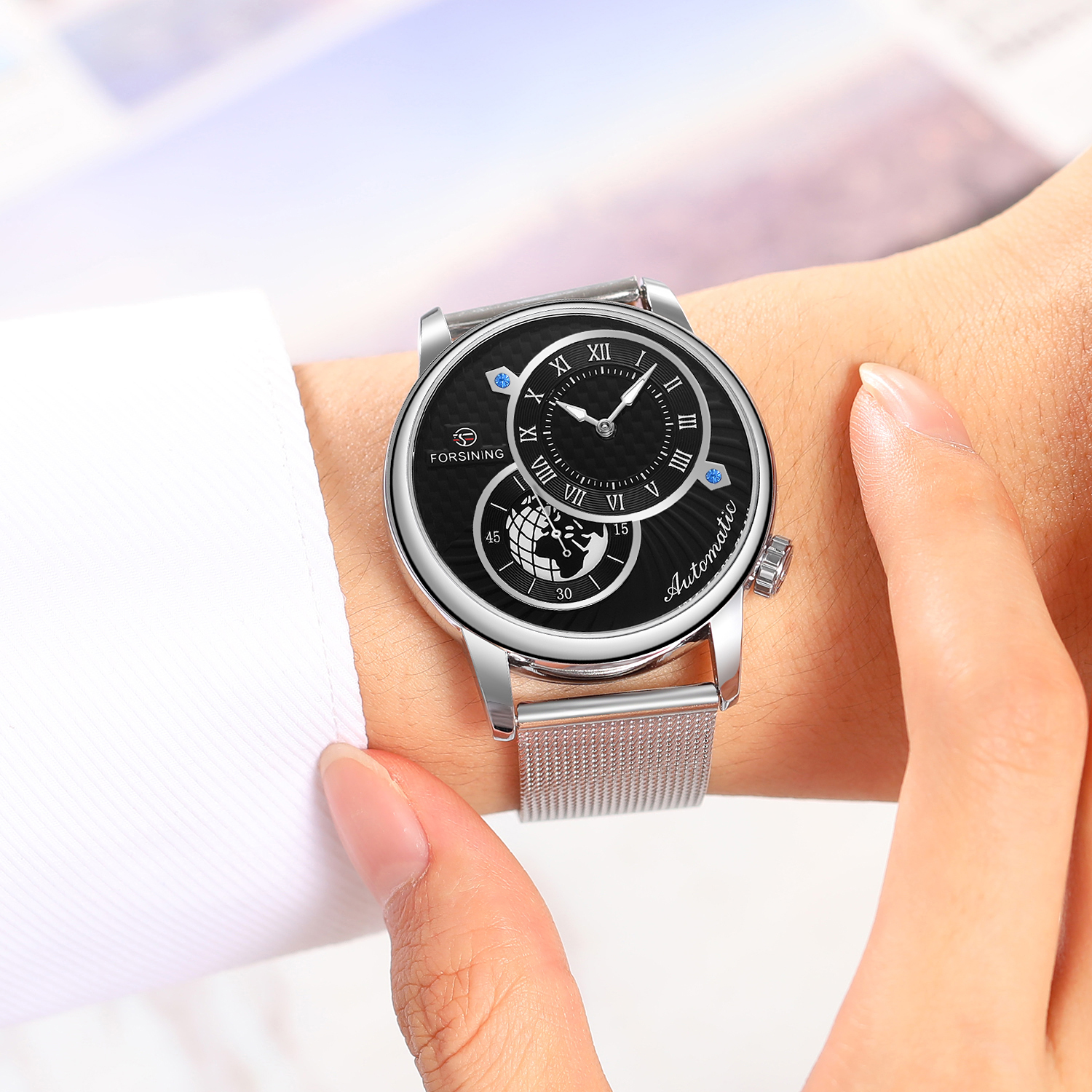 Luxury Watch Image - Forsining Earth Image Two Dial Automatic